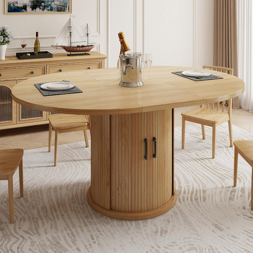 47.2'–63' Extendable Dining Room Table for 4-8, Round-to-Oval Expandable Dining Table with Dust-Proof 2-Tier Shelf, Space-Saving Wood Kitchen Table for Living Room, Oak