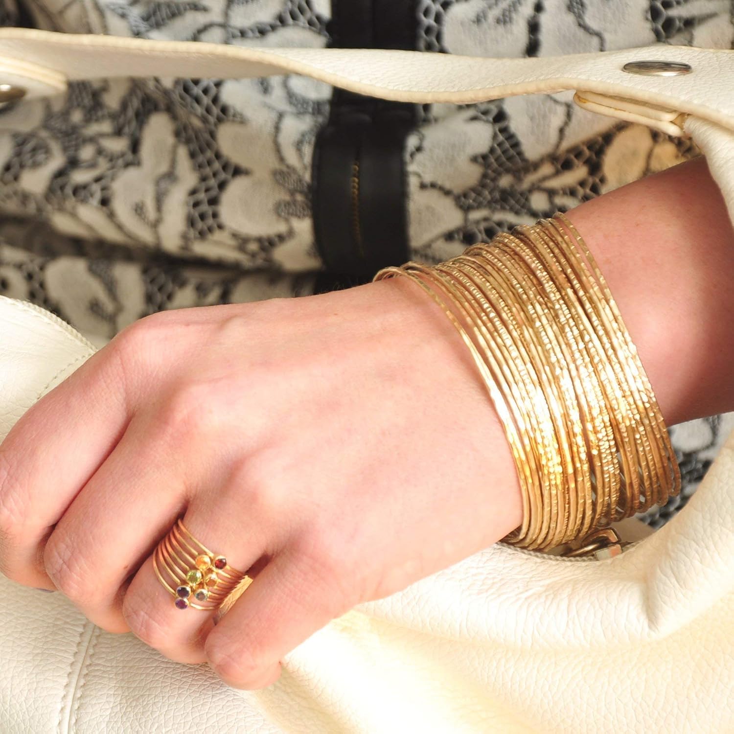 14k gold filled Bangles hammered slip on set of 3 textures, Mu-Yin Jewelry Handmade in USA