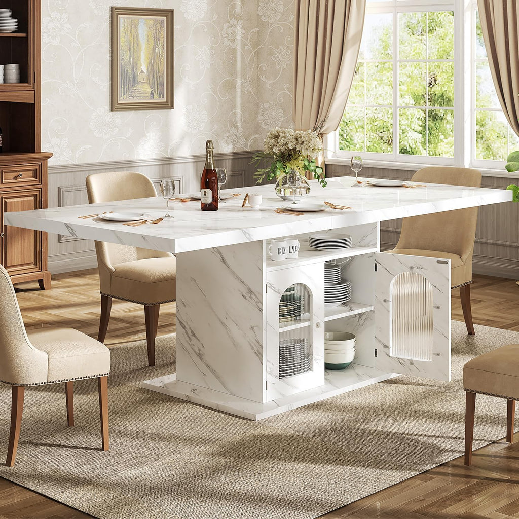 HSH Dining Table for 4–6, 63' Modern Kitchen Dining Room Table with Storage Shelves & Acrylic Door Cabinet,Wood Rectangle Dinner Table with Faux Marble Top for Home Apartment, White Faux Marble