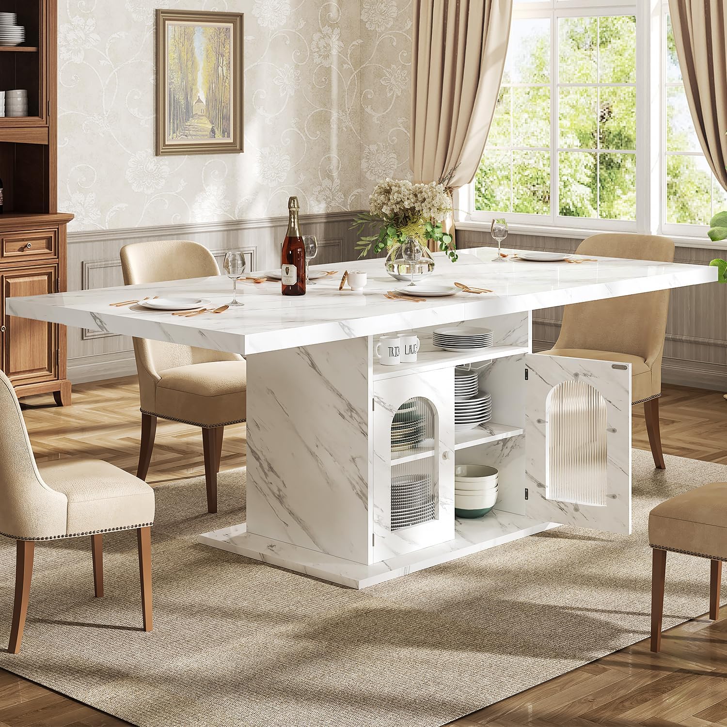 HSH Dining Table for 4–6, 63' Modern Kitchen Dining Room Table with Storage Shelves & Acrylic Door Cabinet,Wood Rectangle Dinner Table with Faux Marble Top for Home Apartment, White Faux Marble