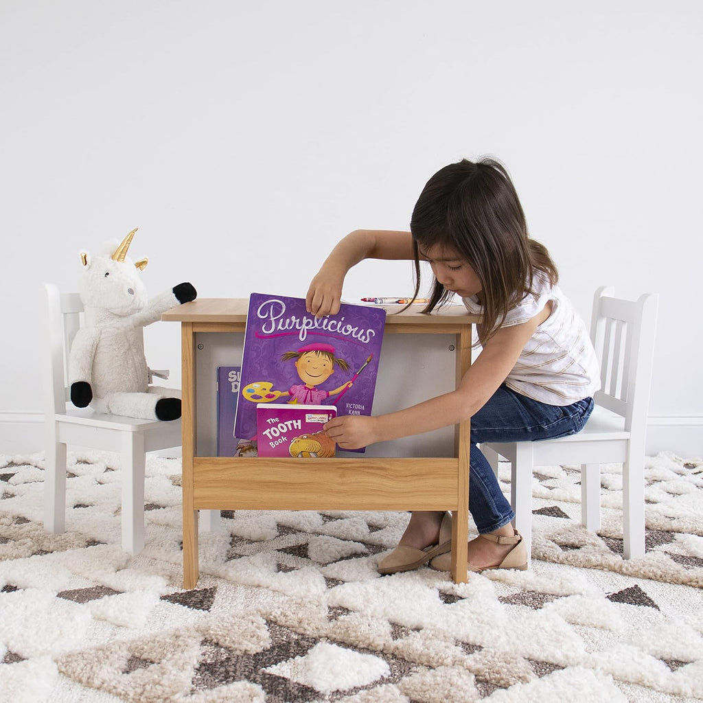 Humble Crew Kids Wood Table and 2 Chairs Set with Built-In Book Storage, Natural/White, Study and Activity Table for Toddlers Ages 3-8, Easy Assembly, Durable Wooden Furniture