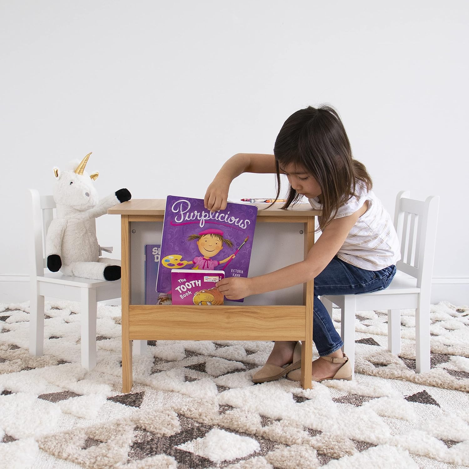 Humble Crew Kids Wood Table and 2 Chairs Set with Built-In Book Storage, Natural/White, Study and Activity Table for Toddlers Ages 3-8, Easy Assembly, Durable Wooden Furniture