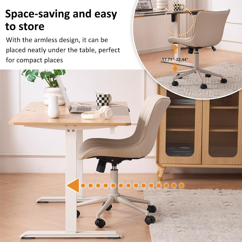 YOUNIKE Home Office Desk Chair with Wheels Armless Vanity Chair with Back Comfy Modern Leather Upholstered Rolling Task Chair Swivel Small Cute Sewing Chair No Arms Wide Adjustable Ergonomic Cream