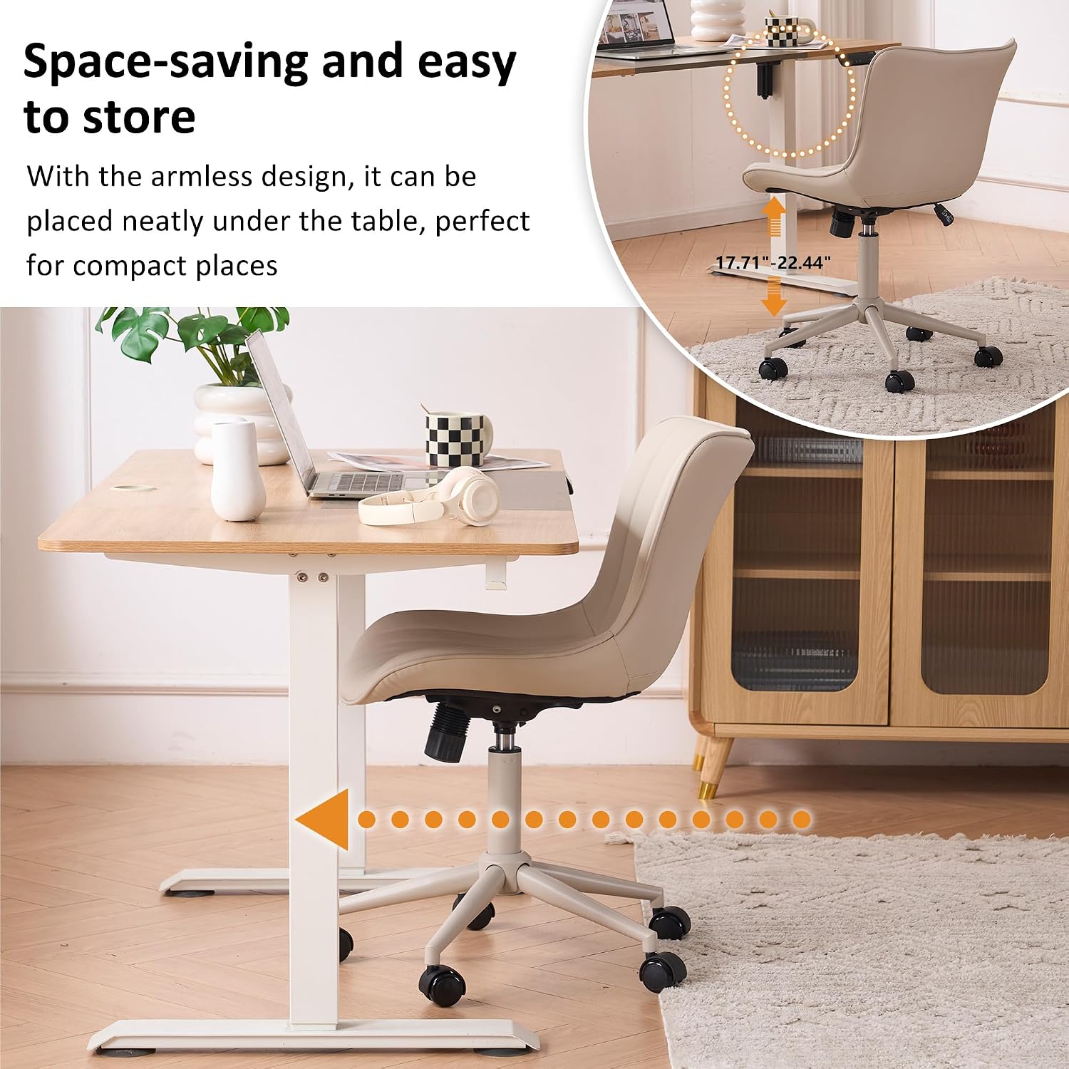 YOUNIKE Home Office Desk Chair with Wheels Armless Vanity Chair with Back Comfy Modern Leather Upholstered Rolling Task Chair Swivel Small Cute Sewing Chair No Arms Wide Adjustable Ergonomic Cream