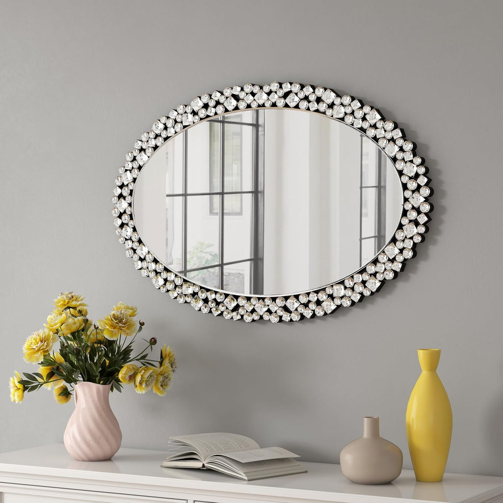 SHYFOY Oval Wall Mirrors Decorative, 23.6x35.4 Ornate Accent Mirror Crystal Frameless Mirror Jeweled Mirrors for Living Room Bedroom Entryway Wall Decor
