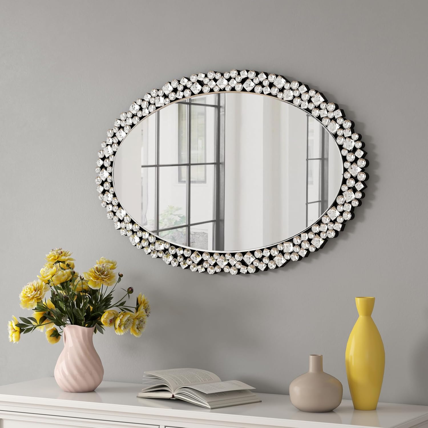 SHYFOY Oval Wall Mirrors Decorative, 23.6x35.4 Ornate Accent Mirror Crystal Frameless Mirror Jeweled Mirrors for Living Room Bedroom Entryway Wall Decor