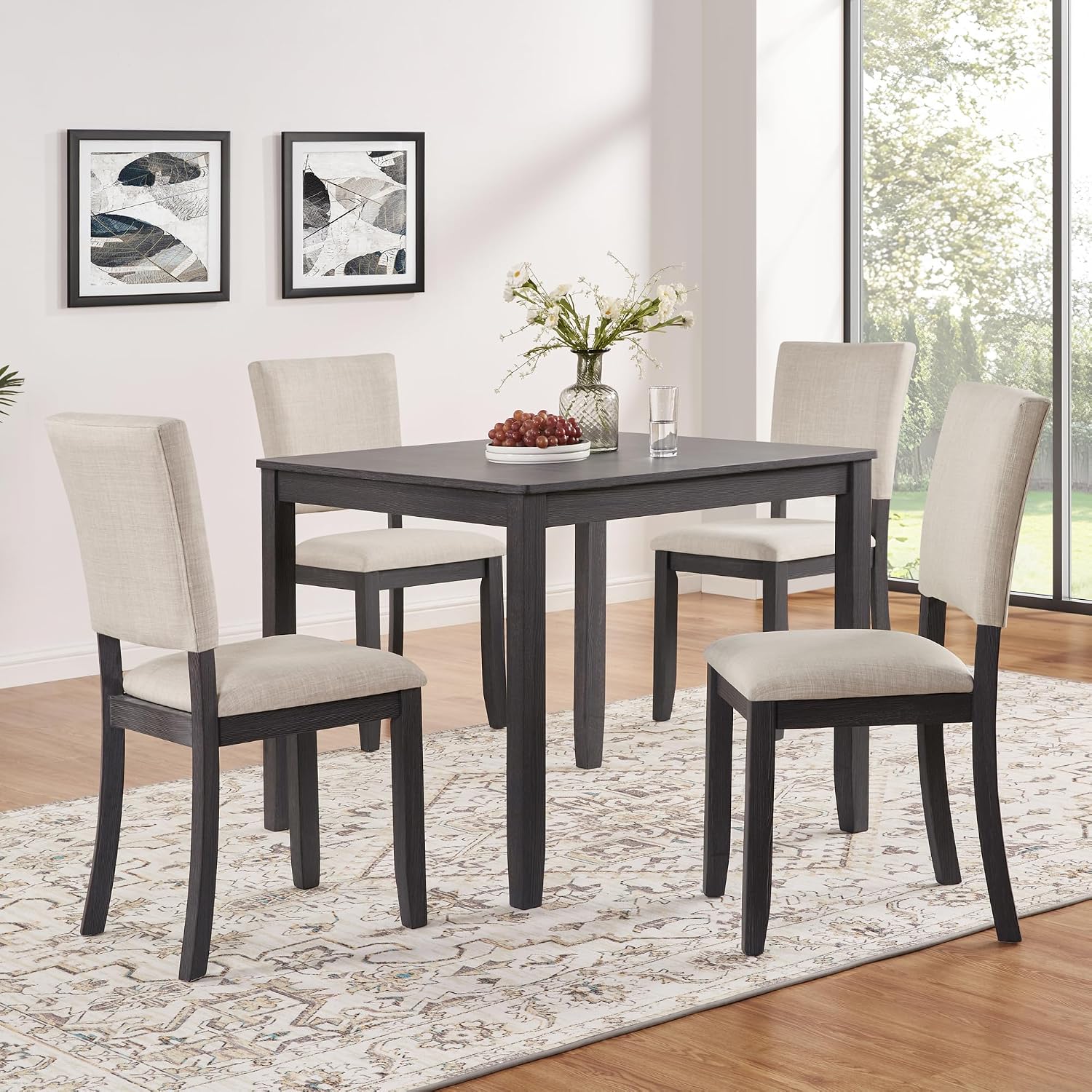 KEIKI 5-Piece Standard Height Dining Table Set with Square Table, 4 Upholstered Curved Backrest Chair, for 4 Person, Modern Style Table Set, Easy Assembly, for Kitchen, Dining Room, Black+Beige
