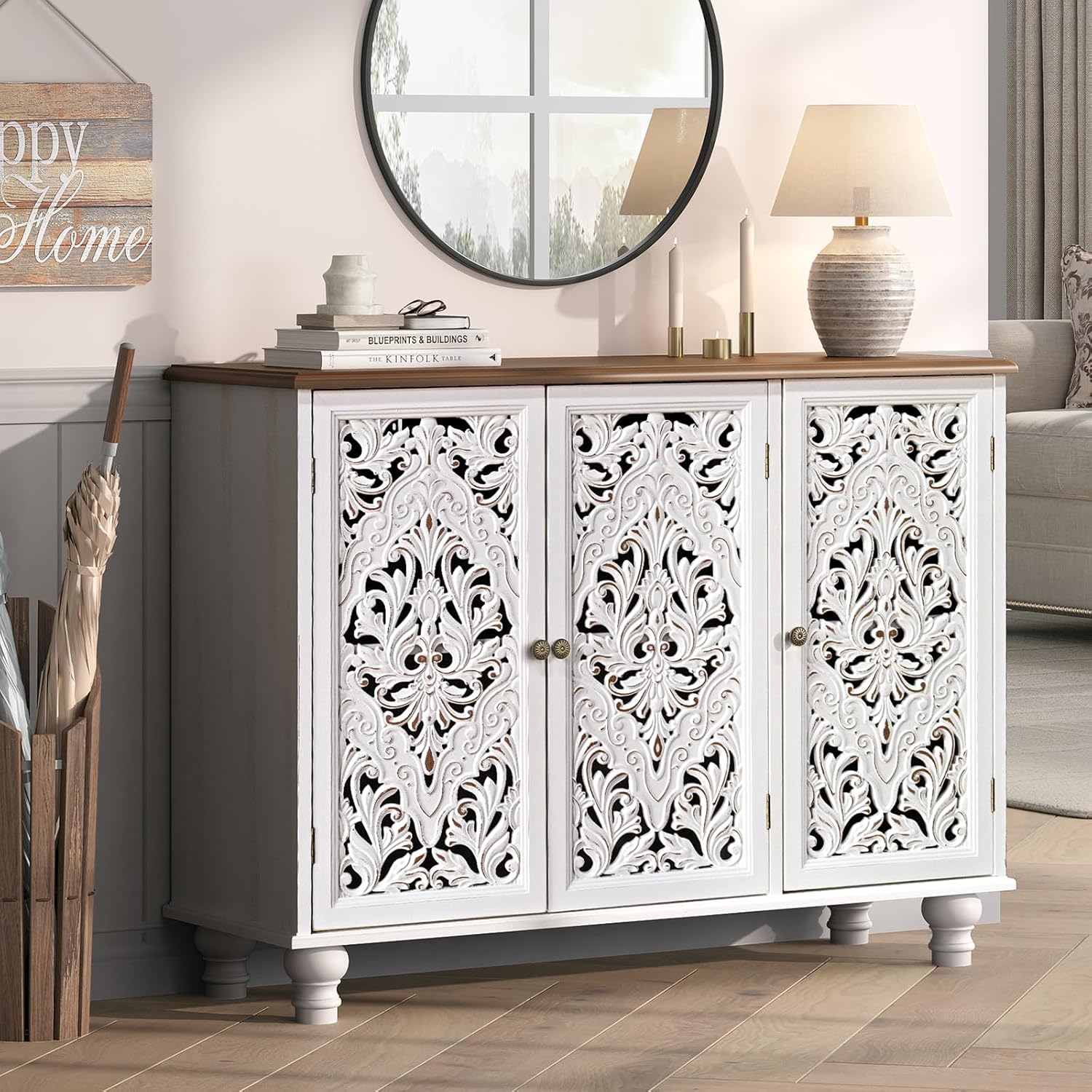 JOINICE Accent Cabinet with 3 Carved Doors,Farmhouse Buffet Cabinet with Storage for Living Room, Entryway, Dining Room, Coffee Bar(White)
