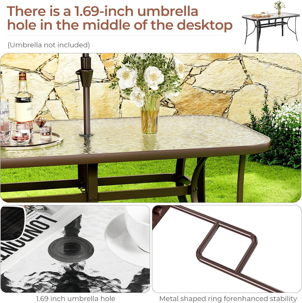 TLSUNNY Patio Outdoor Table W/ 1.69″ Umbrella Hole, 30'X 55' Rectangular Tempered Glass Patio Dining Table for 6, Outdoor Metal Furniture, All-Weather Use, for Patio, Graden, Backyard (Brown)
