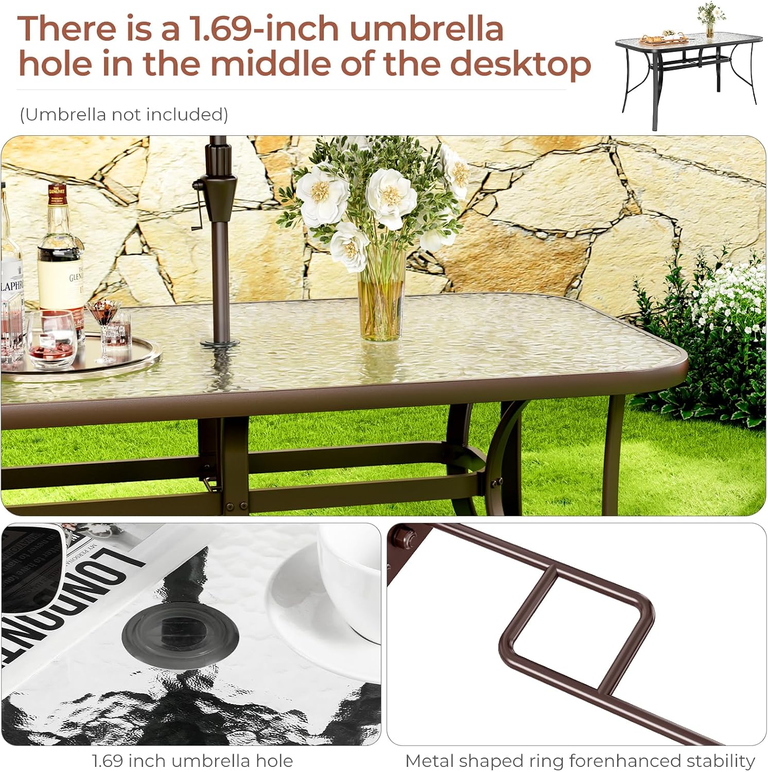 TLSUNNY Patio Outdoor Table W/ 1.69″ Umbrella Hole, 30'X 55' Rectangular Tempered Glass Patio Dining Table for 6, Outdoor Metal Furniture, All-Weather Use, for Patio, Graden, Backyard (Brown)