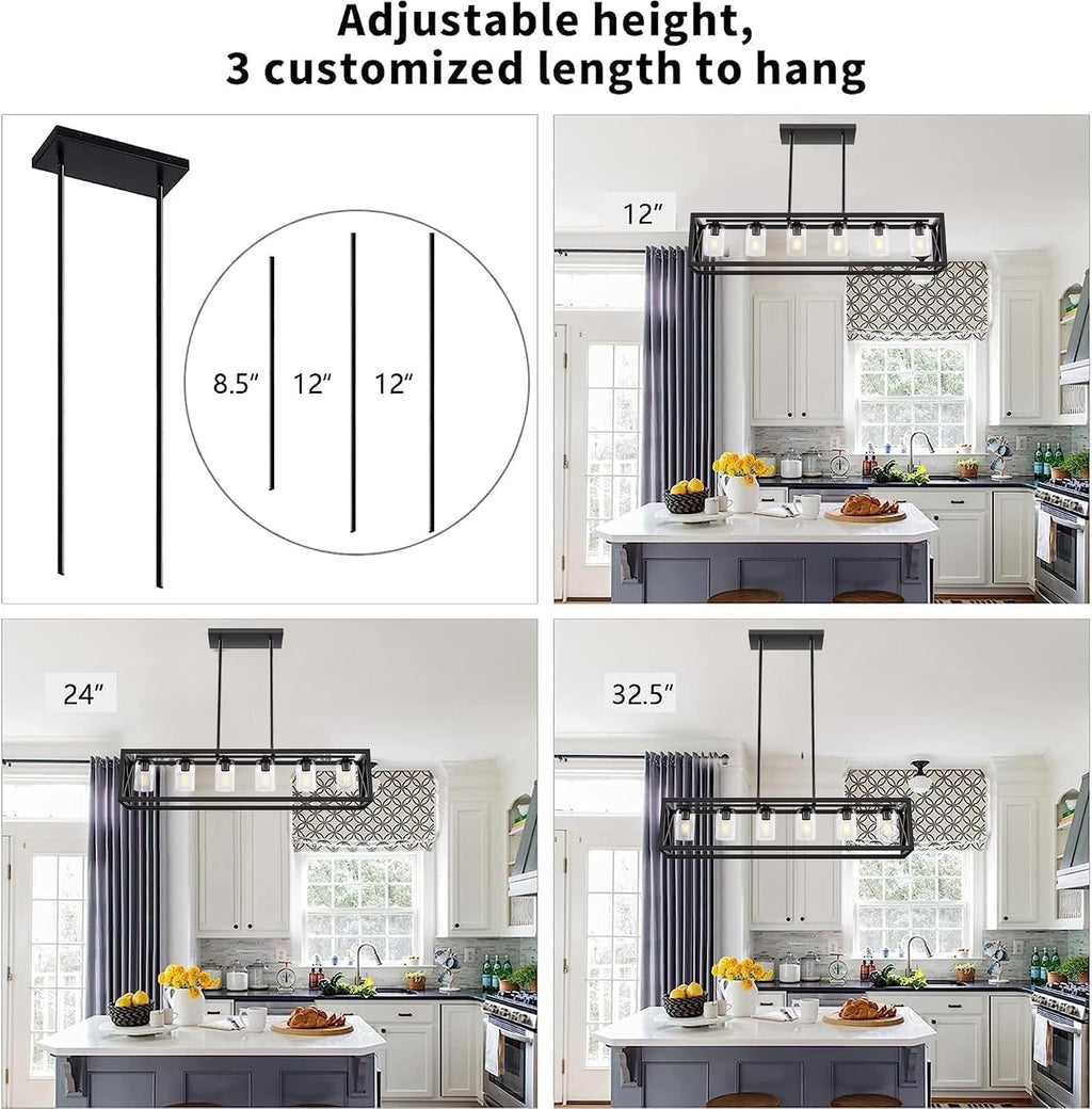 Farmhouse Dining Room Light Fixture - 6 Light Kitchen Island Lighting with Adjustable Height & Thickened Metal Dining Room Light Fixture Over Table，Chandeliers for Dining Room&Kitchen Island