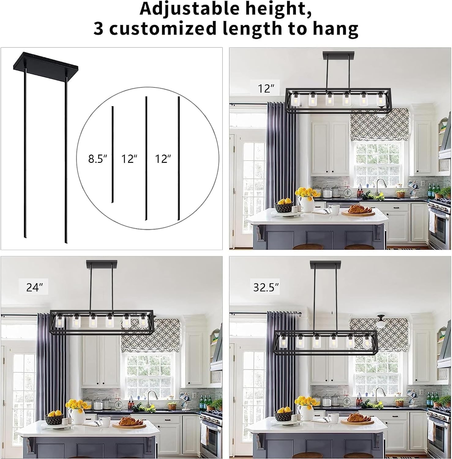 Farmhouse Dining Room Light Fixture - 6 Light Kitchen Island Lighting with Adjustable Height & Thickened Metal Dining Room Light Fixture Over Table，Chandeliers for Dining Room&Kitchen Island