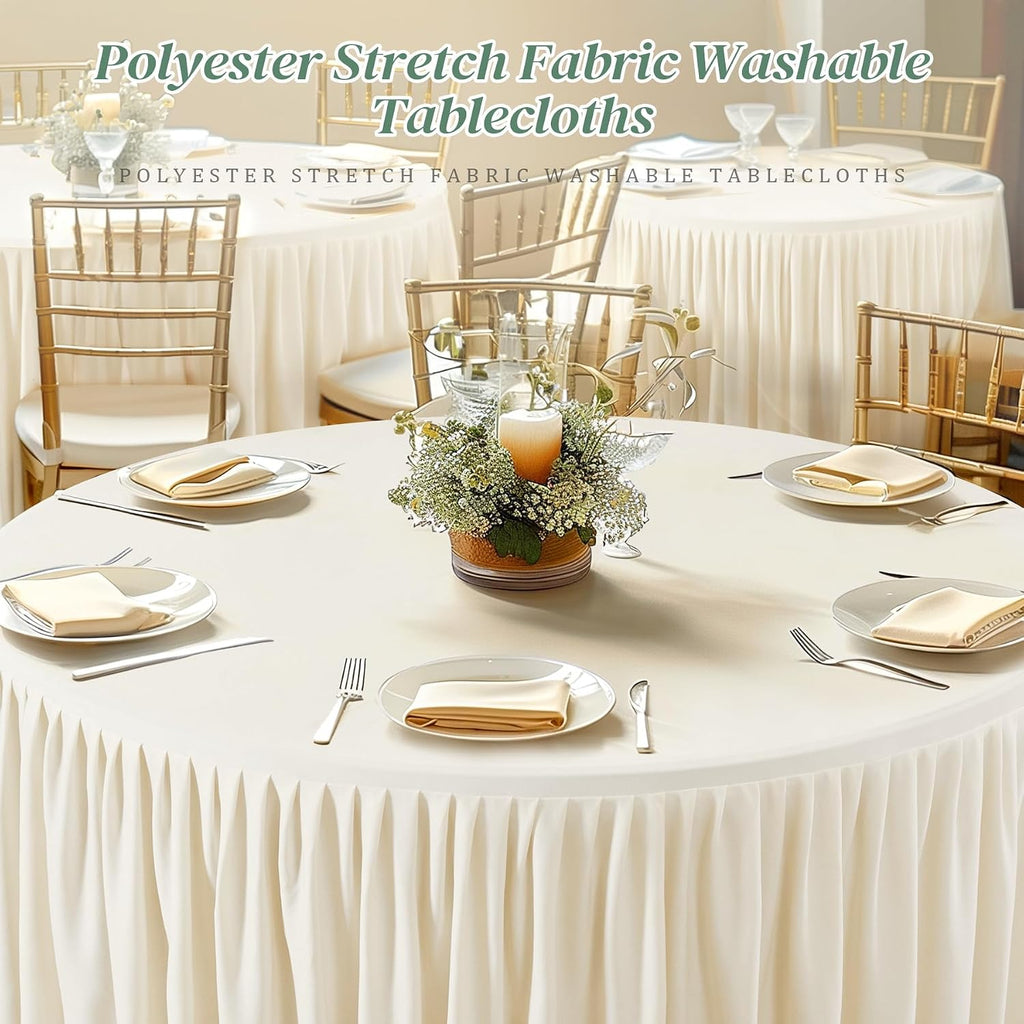 6 Pack Ivory Spandex Round Tablecloths for 48 inch Tables, Stretchy Fitted 4FT Round Table Clothes,Wrinkle Free Table Cover with Skirt for Wedding Party Dining Banquet Graduation Decorations