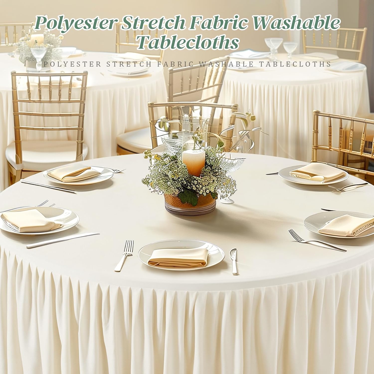 6 Pack Ivory Spandex Round Tablecloths for 48 inch Tables, Stretchy Fitted 4FT Round Table Clothes,Wrinkle Free Table Cover with Skirt for Wedding Party Dining Banquet Graduation Decorations