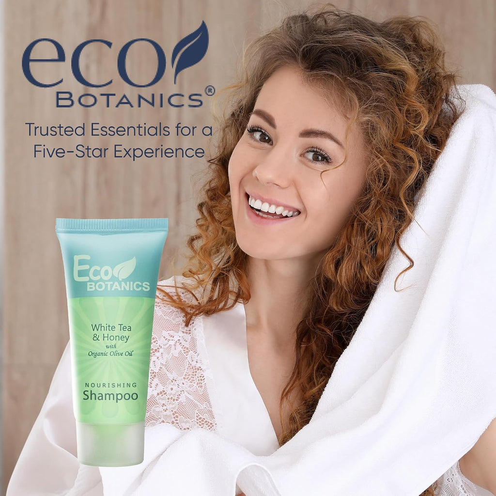 Eco Botanics Travel Size Hotel Shampoo 300 Count 0.85 oz Bottles Guest Amenities for Vacation Rentals and Short Term Rentals Paraben Free White Tea Scent Infused with Aloe Honey and Olive Oil