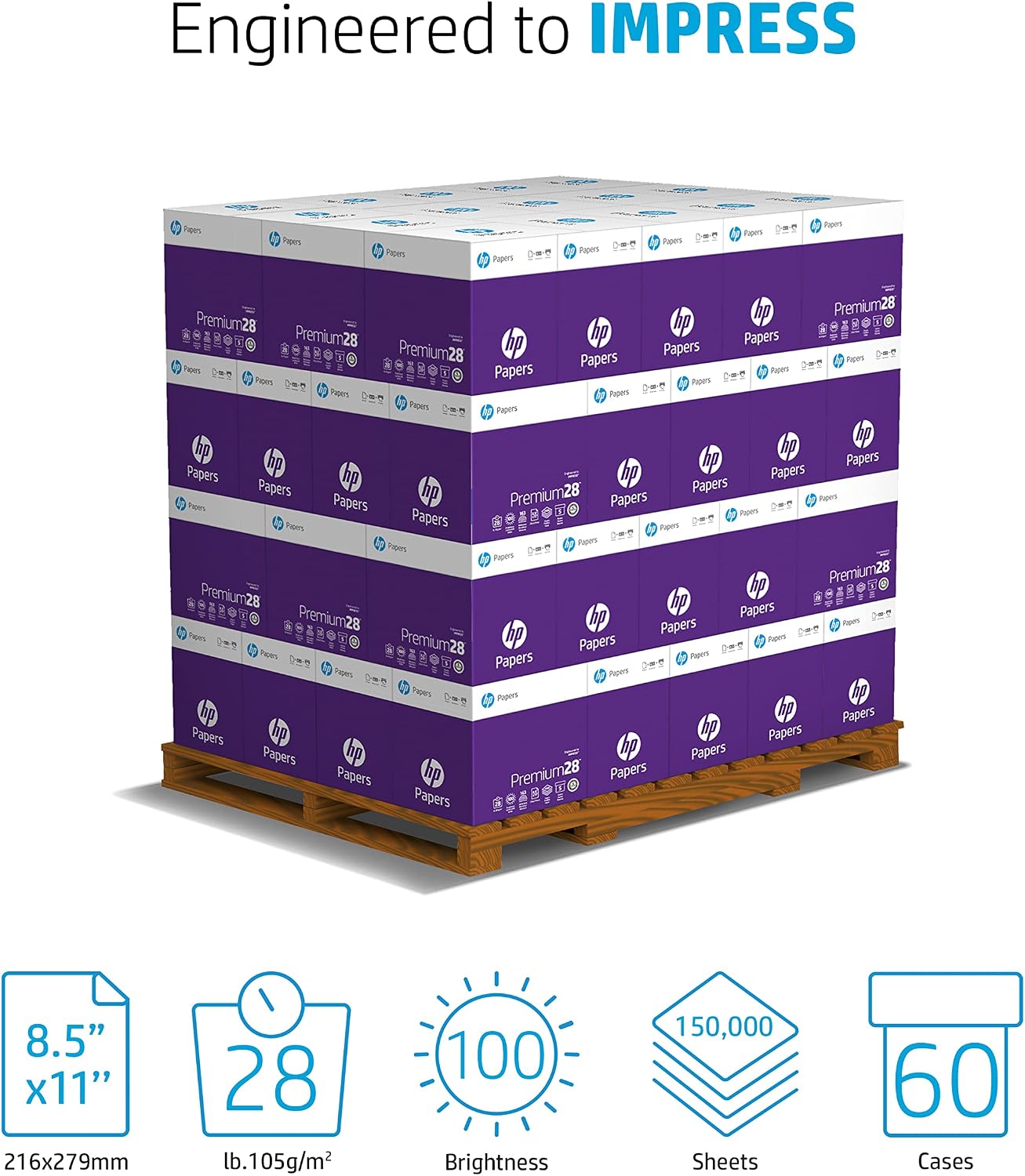 HP Printer Paper | 8.5 x 11 Paper | Premium 28 lb | 60 Case Pallet - 150,000 Sheets |100 Bright | Made in USA - FSC Certified | 205200P