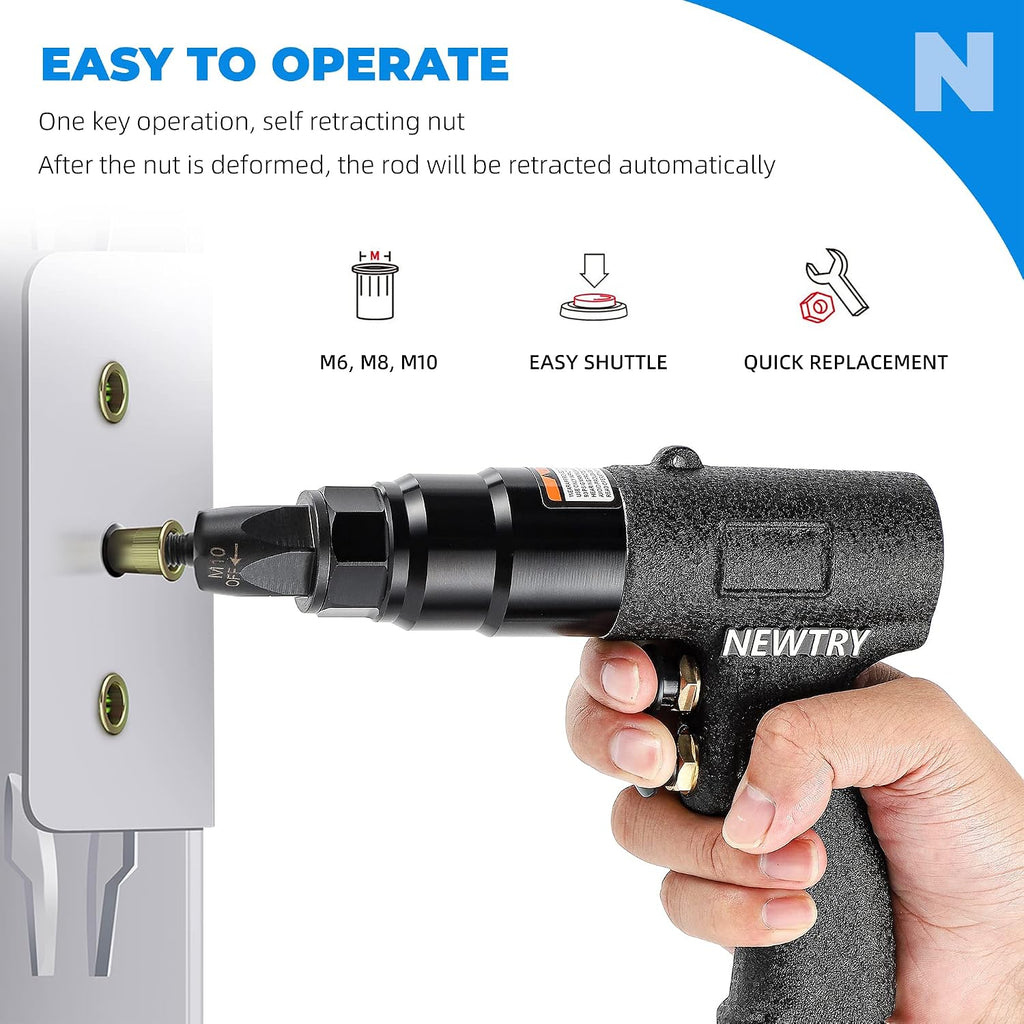 NEWTRY Air Rivet Nut Gun Pneumatic Riveter Riveting Tool Kit with Self-locking Head for 1/4,5/16,25/64 Nut (6108 with M6.M8,M10 head)