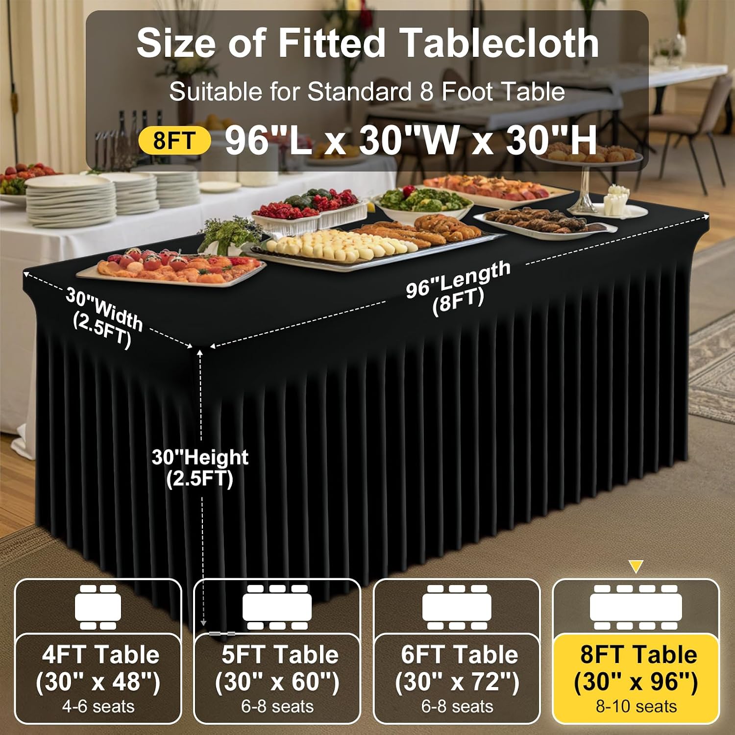 Smiry Spandex Tablecloth 6 Pack, Elastic Fitted Stretch Tablecloth for 8FT Rectangle Tables, Waterproof Washable Table Cover Skirt for Wedding, Banquet & Parties (Black, 96Lx30Wx30H Inch)