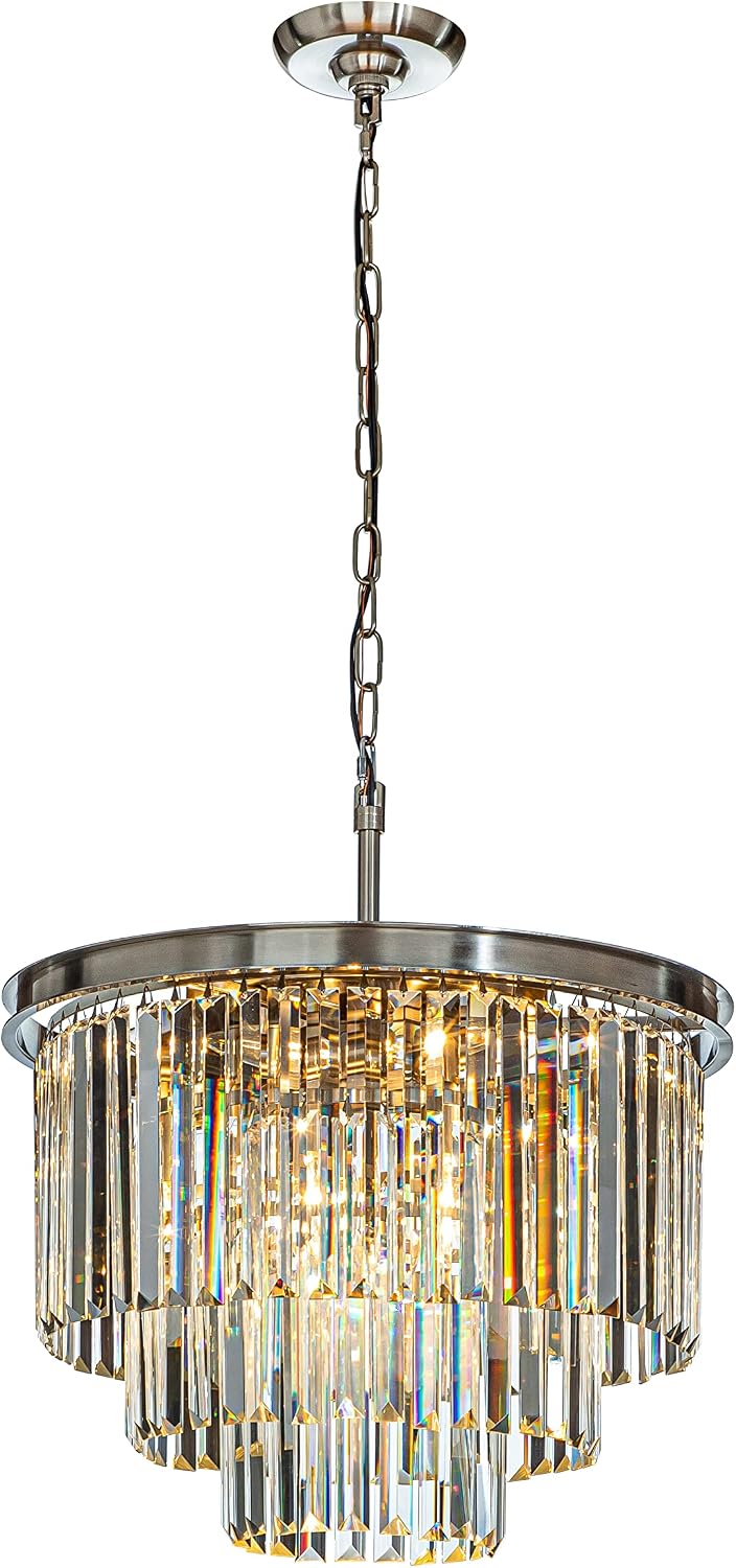 ALOADECOR 6-Light Modern Satin Nickel 3-Tier Round Fringe Crystal Chandelier Chrome Finish Frame Close to Ceiling Dual-Use Light for Dining Room Living Room W 20'