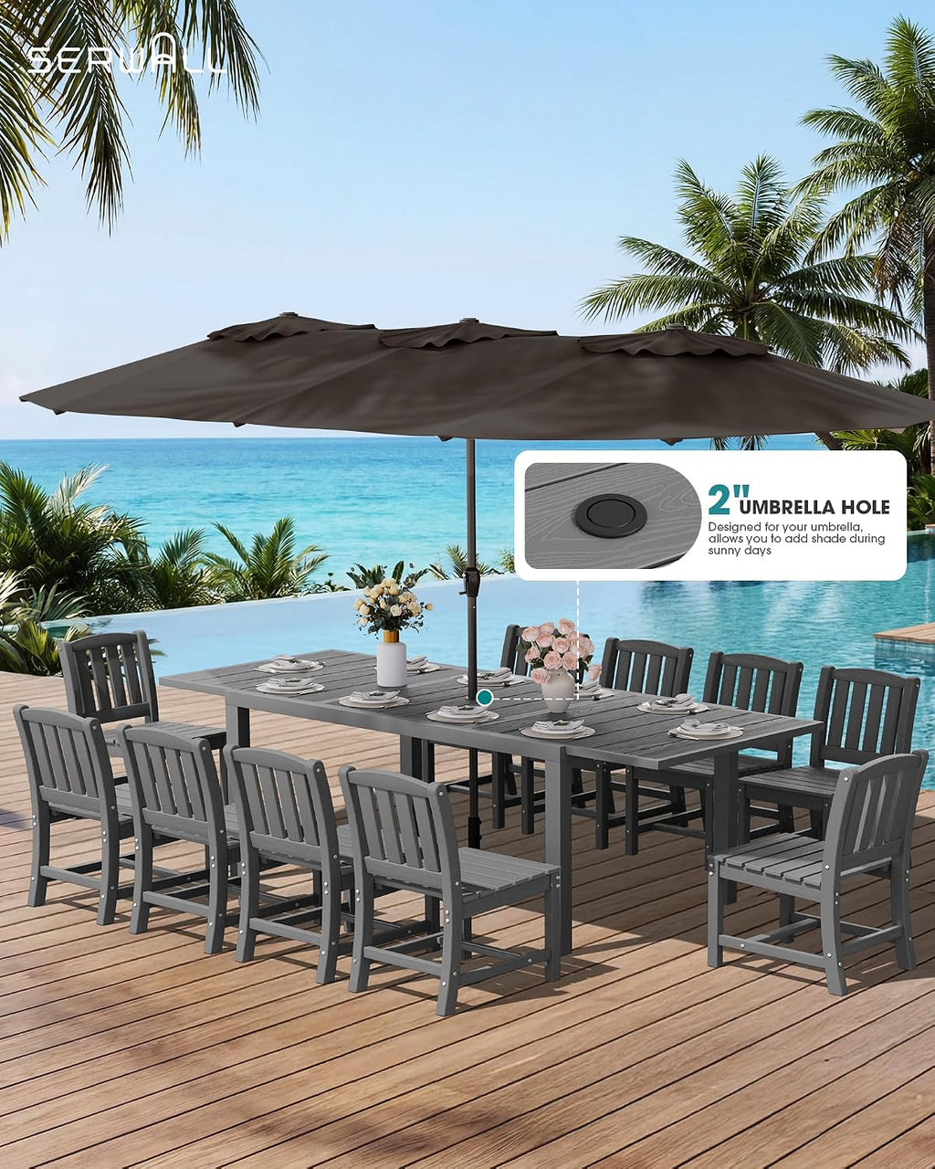 SERWALL 7-Piece Outdoor Dining Set, 60' - 83' Expandable Outdoor Dining Table and 6 HDPE Chairs, All Weather HDPE Outdoor Furniture Set for Backyard, Garden, Grey