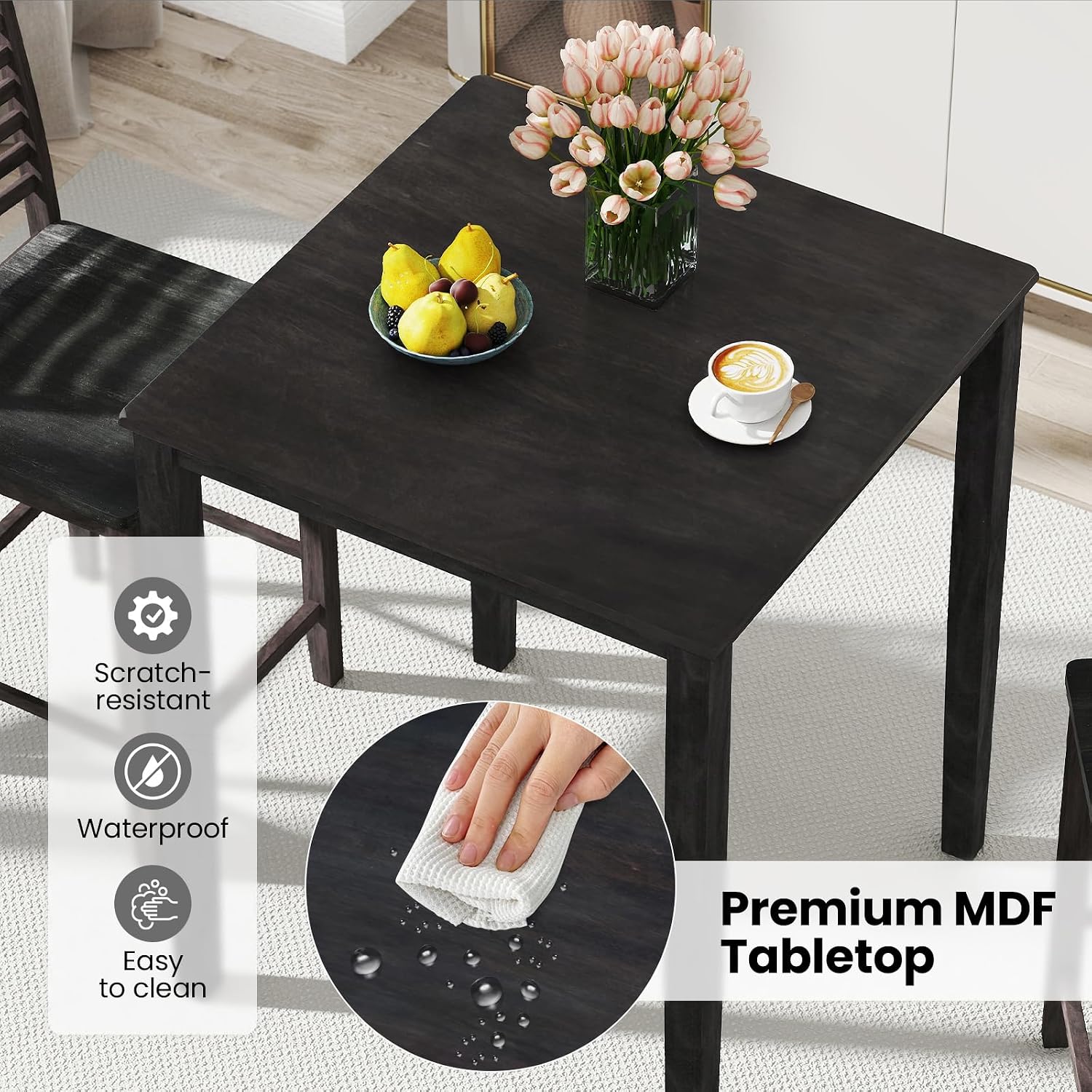 Giantex 5-Piece Dining Table Set for 4, Counter-Height Square Kitchen Table and Chairs Set with Rubber Wood Frame, Curved Back, Footrest, Bar Table Set for Small Place Dinette Breakfast Nook