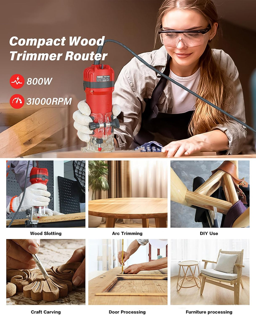 Wood Router,800W Compact Palm Router Tool, 31000RPM Wood Trimmer With 15PCS 1/4' Router Bits, Electric Corded Woodworking Router For Slotting & Trimming