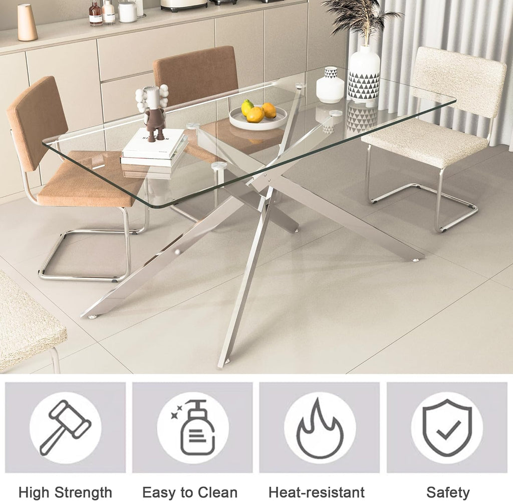 60' Glass Dining Table Modern Kitchen Table for 4-6 People, Contemporary Rectangular Dining Room Dinner Tables with Clear Glass Top & Silver Metal X Legs for Kitchen Apartment