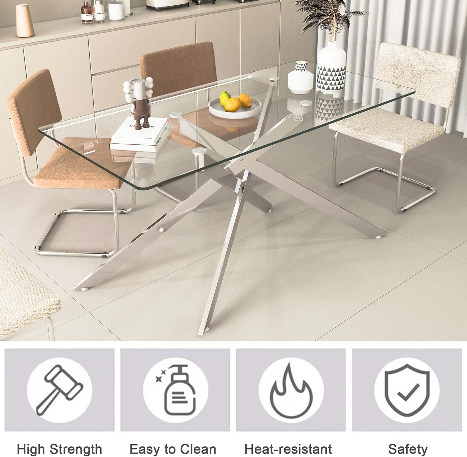 60' Glass Dining Table Modern Kitchen Table for 4-6 People, Contemporary Rectangular Dining Room Dinner Tables with Clear Glass Top & Silver Metal X Legs for Kitchen Apartment