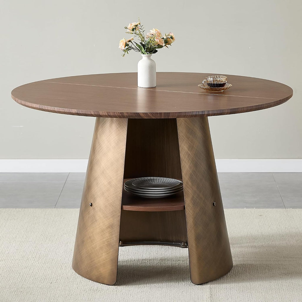47' Round Dining Table for 4 to 6, Mid Century Modern Dining Table with Brushed Carbon Steel Base & Storage Shelf, Space Saving Kitchen Dining Room Table for Living Room Apartment Small Space, Walnut