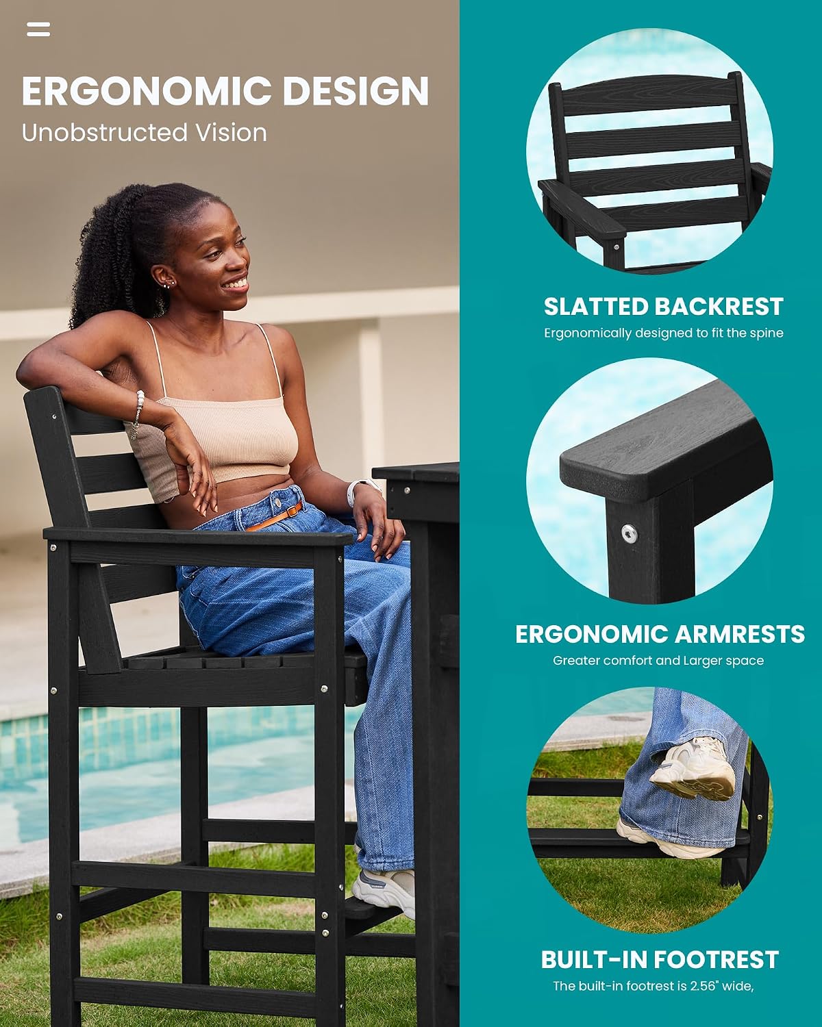 SERWALL 5 Pieces Outdoor Patio Bar Set, Oversize Tall Adirondack Bar Chair and Table Set, Black