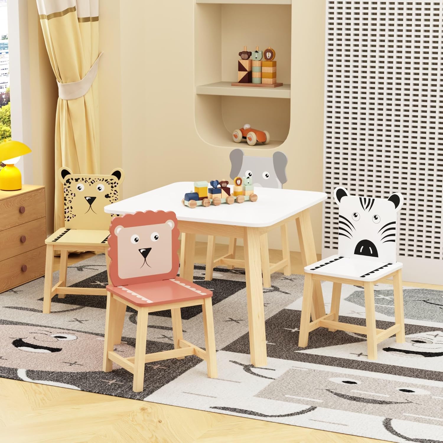 GDFStudio Toddler Table and Chair Set, 5-Piece Kids Dinner Table and Chairs for Ages 3-8, Cartoon Animals Solid Wood Play Table for Drawing, Study, Dining Room, Nursery and Kindergarten, White