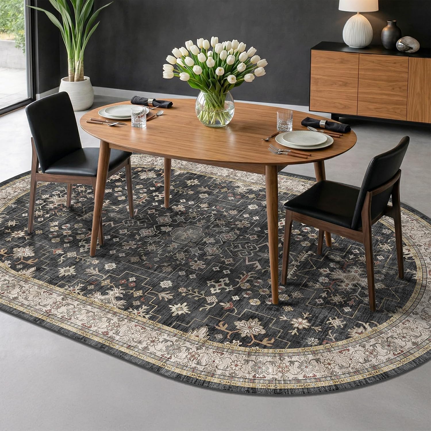 Boho Black Oval Area Rug 6x9 for Living Room, Vintage Washable Large Area Rug for Dining Room, Low Pile Non-Slip Rugs for Bedroom, Office - Charming Farmhouse Decor & Stain Resistant (6x9 Black/Multi)