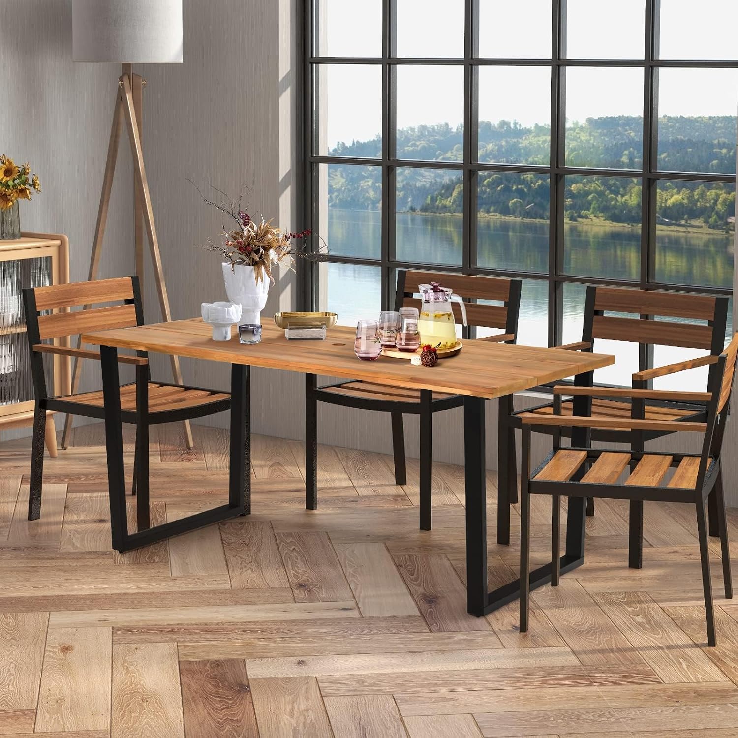 HAPPYGRILL Acacia Wood Dining Table for 6, Outdoor Patio Table with Metal Frame and 2 inch Umbrella Hole, 69 x 32 inch Rectangular Outdoor Table for Porch Balcony Garden