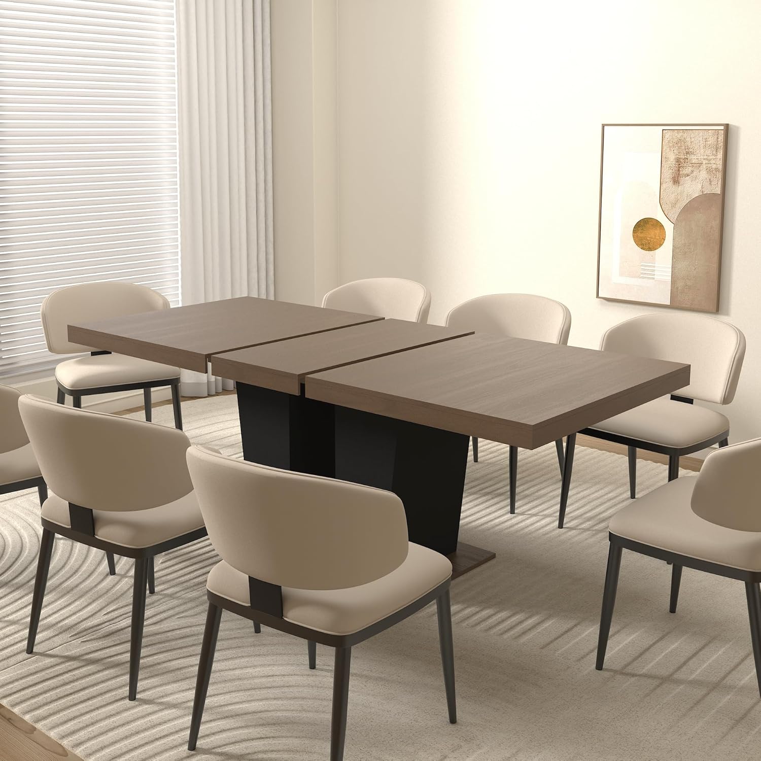 78.74'' Extendable Rectangular Dining Table for 4-8, Modern Mid-Century Wood Expandable Kitchen Dinner Conference Table for Living Room Office, 2 Widen Pedestal Base, Brown