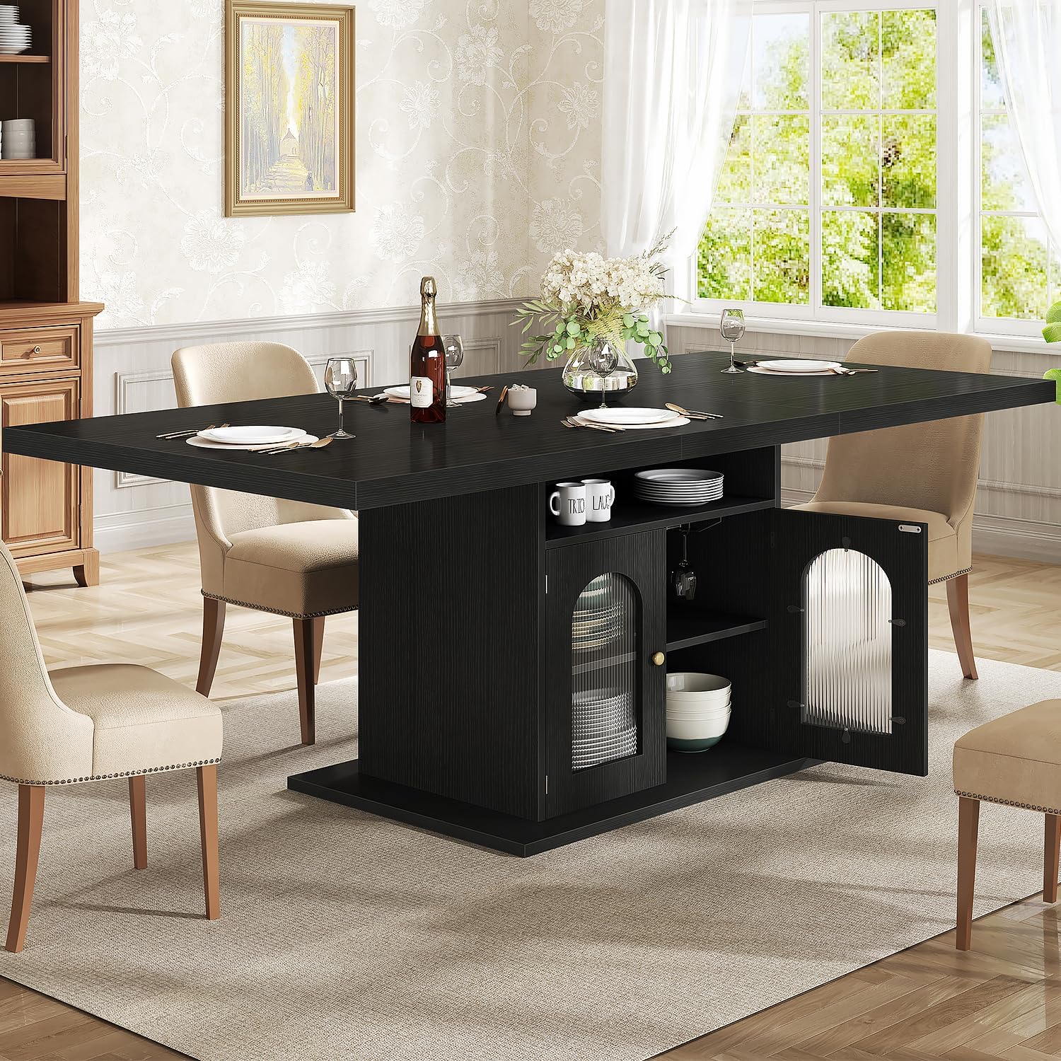 HSH Black Dining Table for 4 to 6, Modern Kitchen Dining Room Table with 3-Tier Storage Shelf and Acrylic Door Cabinet, Rectangular Wooden Dinner Tables for Home Kitchen Living Room, Black Oak，63 in