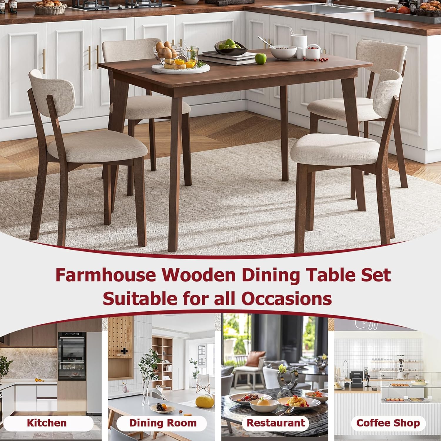 Tangkula Dining Table Set for 4, Dinette Set with Table and 4 Padded Seat, Rubber Wood Legs, Curved Backrest, Mid-Century Modern Kitchen Table Chairs Set of 4 for Living Room, Dining Room