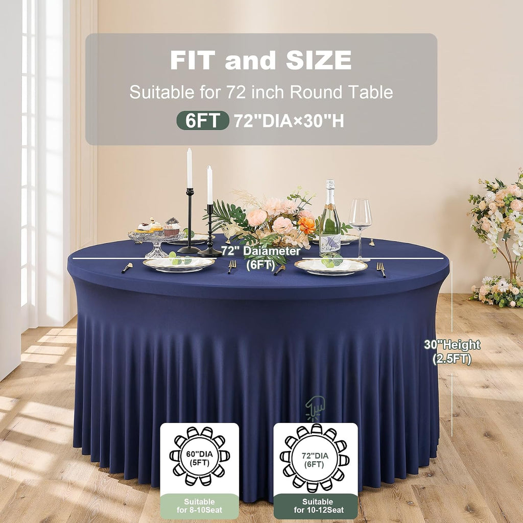 Outpain 8 Pack Navy Blue Spandex Round Tablecloths - Fitted 132in Wrinkle Free Table Covers with Skirt for 72in Table, Wedding Party Dining Banquet