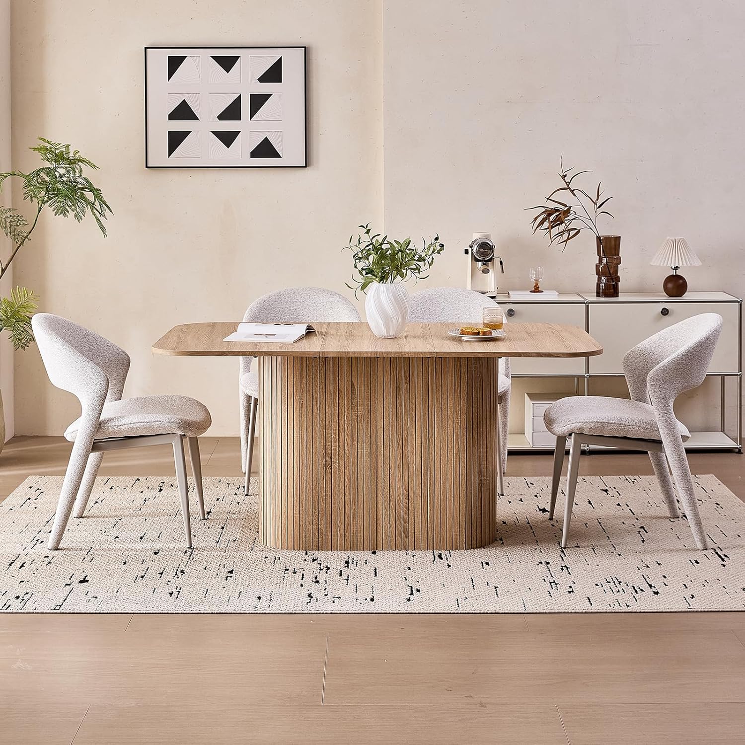 Large 63' Large Dining Table for 4 6, [Rounded Corners] [Grooved Pedestal Base] Modern Rectangle Kitchen Dinner Dining Living Room Table