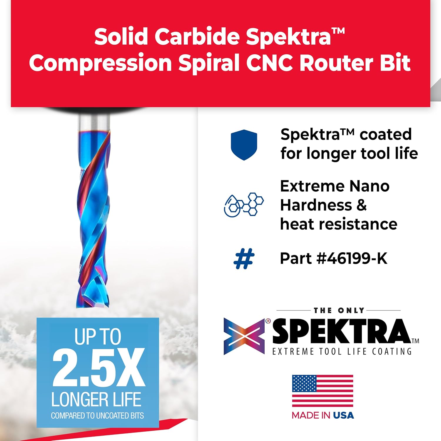 Amana Tool Spektra Extreme Tool Life Coated Solid Carbide CNC Compression Spiral Router Bit, 46199-K, 1/2 D x 2 CH x 1/2 Shank x 4 Inch Long