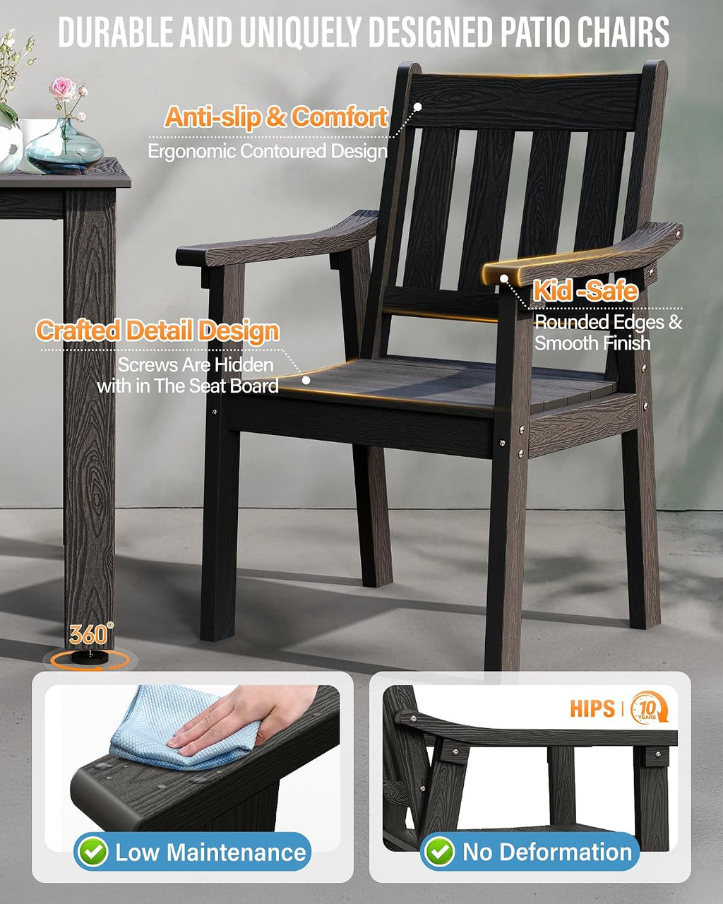 YEFU HIPS Patio Table Set: 5 Piece Outdoor Table and Chairs Dining Furniture Set with Umbrella Hole - Black Modern Plastic Dining Sets 4 Person for Outside Deck with Metal Aluminum Frame