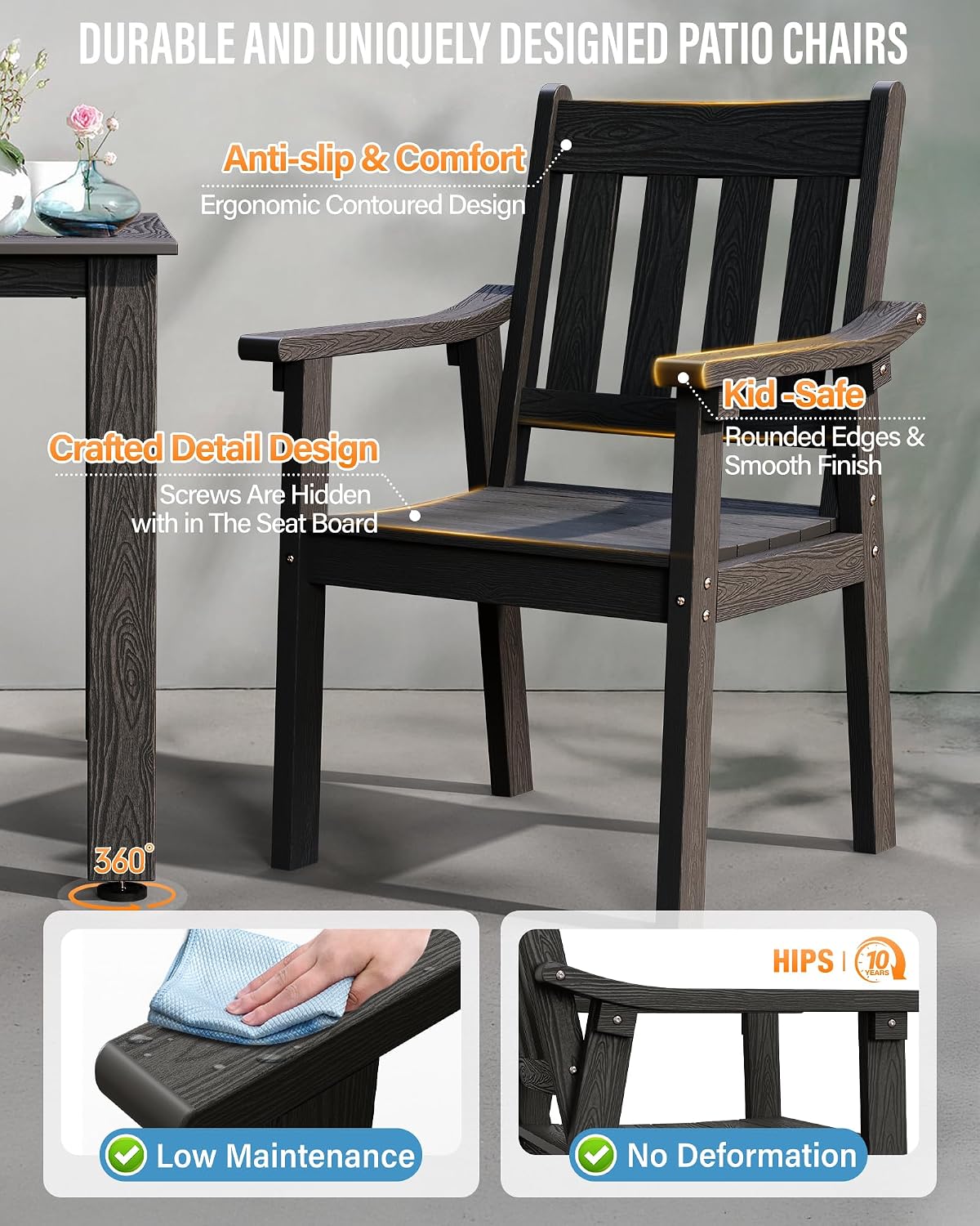 YEFU HIPS Patio Table Set: 5 Piece Outdoor Table and Chairs Dining Furniture Set with Umbrella Hole - Black Modern Plastic Dining Sets 4 Person for Outside Deck with Metal Aluminum Frame