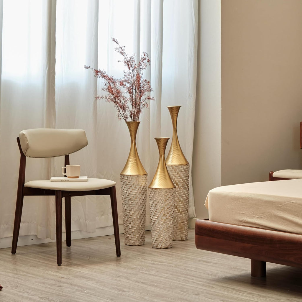 Floor Metal vase Modern Style Decoration Home Woven Pattern Metal vase 3-Piece Set Gorgeous Home Decoration Large Glazed Metal vases (Gold+White Woven Pattern)