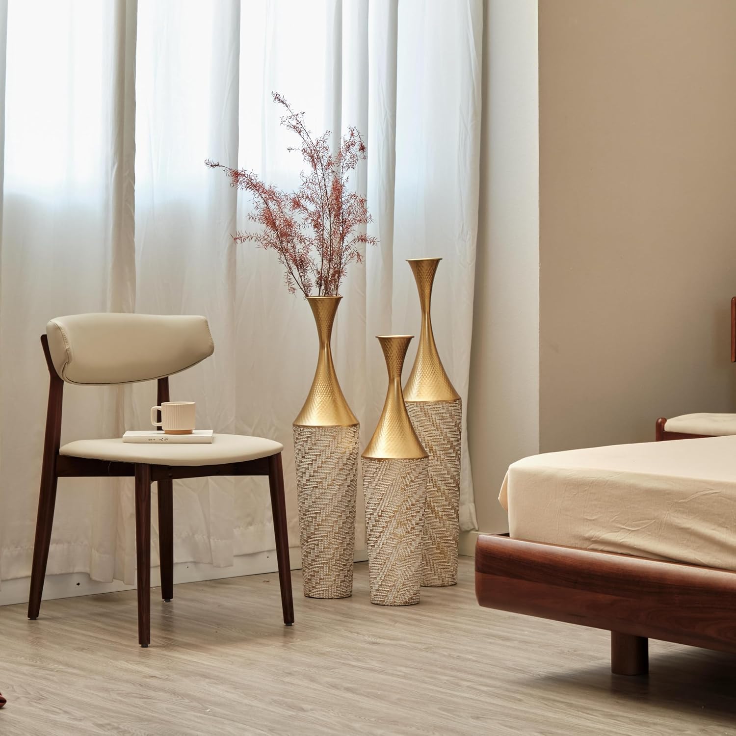 Floor Metal vase Modern Style Decoration Home Woven Pattern Metal vase 3-Piece Set Gorgeous Home Decoration Large Glazed Metal vases (Gold+White Woven Pattern)