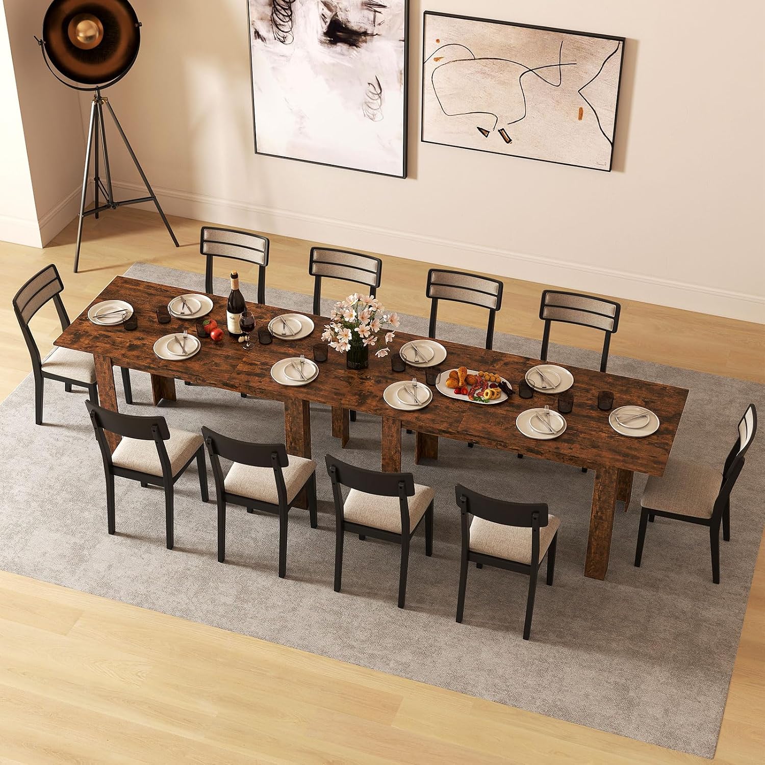 GOFLAME 47'-62' Extendable Dining Table for 4-6 People, Large Rectangular Kitchen Table with L-Shaped Legs, Space Saving Dining Room Table for Kitchen, Living Room, Office, Small Space, Rustic Brown