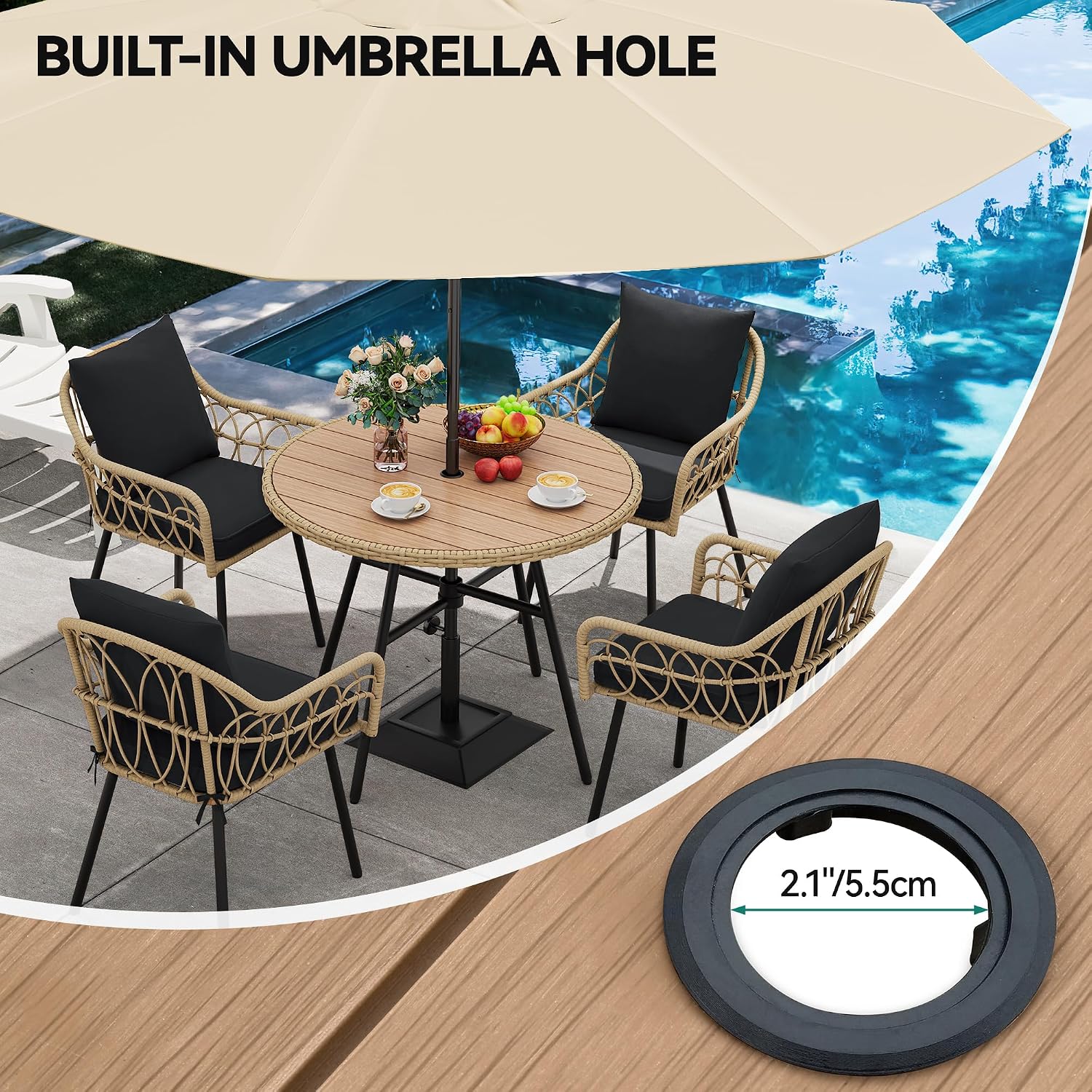 YITAHOME 36.6'' Outdoor Patio Dining Table Round for 4 with Adjustable Levelers, Outdoor Tables with 2.2' Umbrella Hole, All-Weather Bistro Table with Metal Frame, Patio Table for Garden Deck