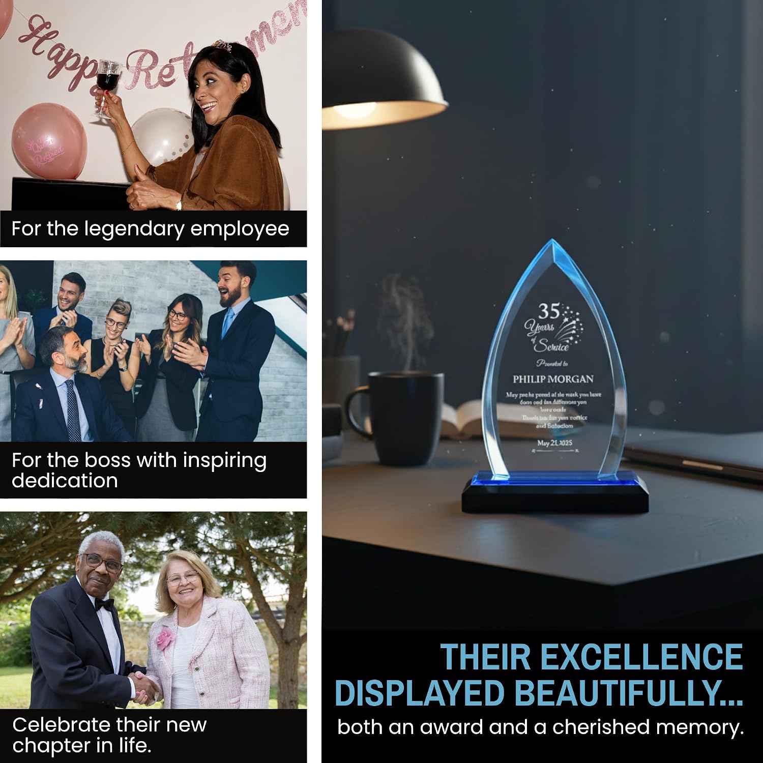 Personalized Acrylic Retirement Gifts For Men and Women, Laser Engraved Custom Trophy for Service Recognition, Years Of Service Retirement Trophy Award for Boss, Employee, Teacher (Blue Oval)