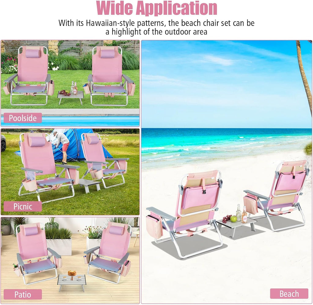 Tangkula Backpack Beach Chair with Table, 5-Position Lay Flat Chairs with Cooler Bag, 2 Cup Holders, Towel Bar, Lightweight Low Folding Chair with Backpack Straps, Pink