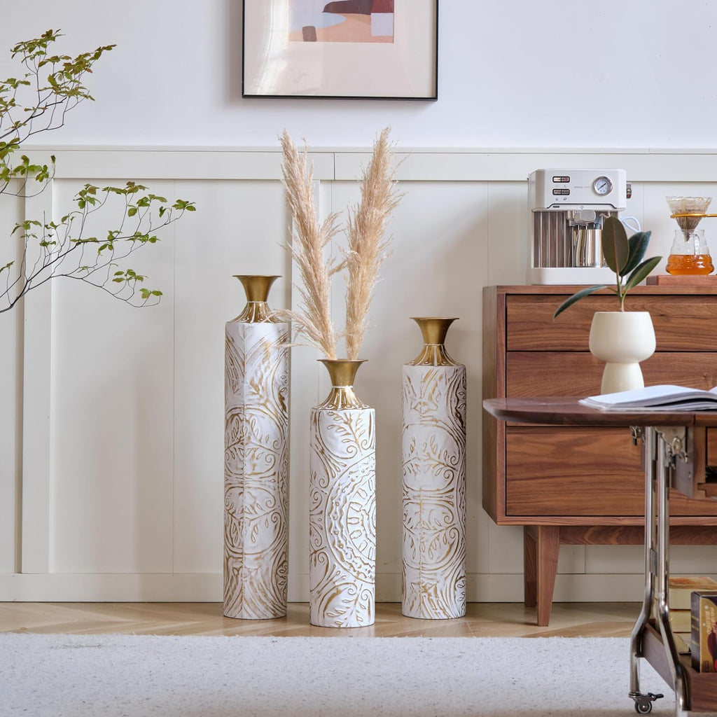 Metal Floor Vase Set - 3D Floral Relief Cylinder Vases for Living Room, Entryway & Office Decor, 24in/28.7in/33.5in Rustproof Tall Standing Home Décor (White+Gold Pattern)