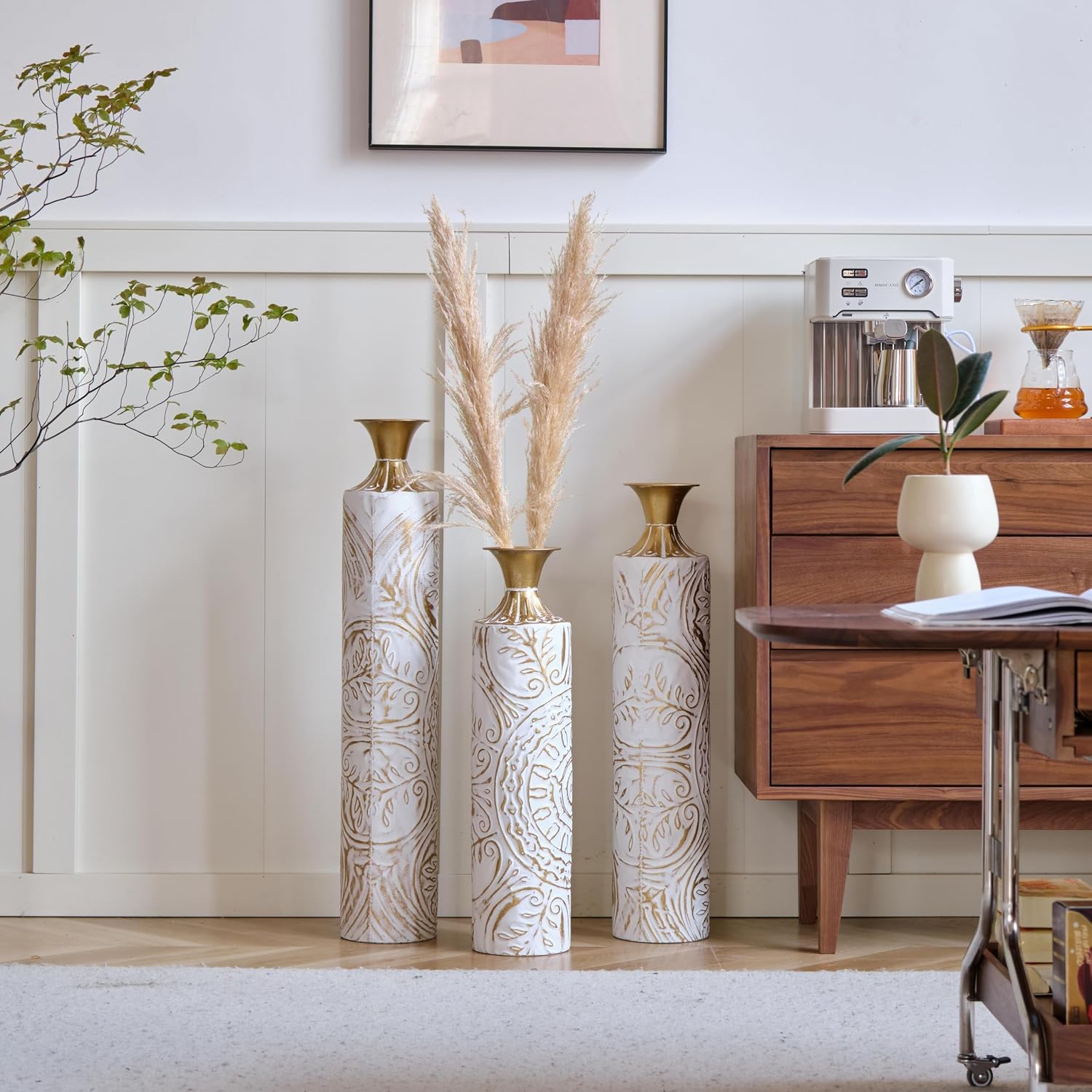 Metal Floor Vase Set - 3D Floral Relief Cylinder Vases for Living Room, Entryway & Office Decor, 24in/28.7in/33.5in Rustproof Tall Standing Home Décor (White+Gold Pattern)