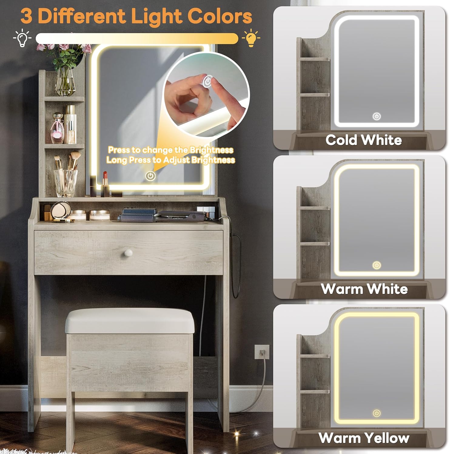 LIKIMIO Small Makeup Vanity Desk with Mirror and Lights, Vanity Table Set with Storage Drawer, Chair and Three Shelves, Bedroom, White Walnuts